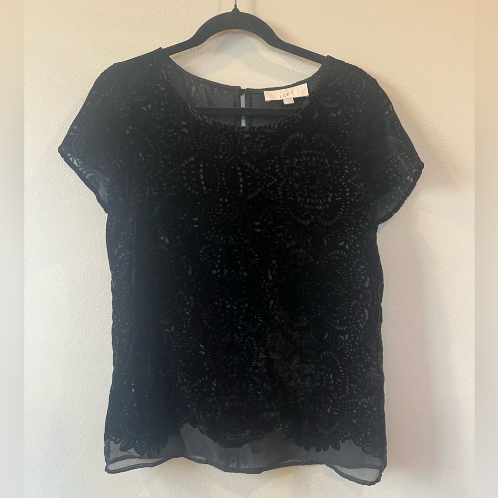 Ann Taylor Loft short sleeve blouse women S burn out see-through sheer black